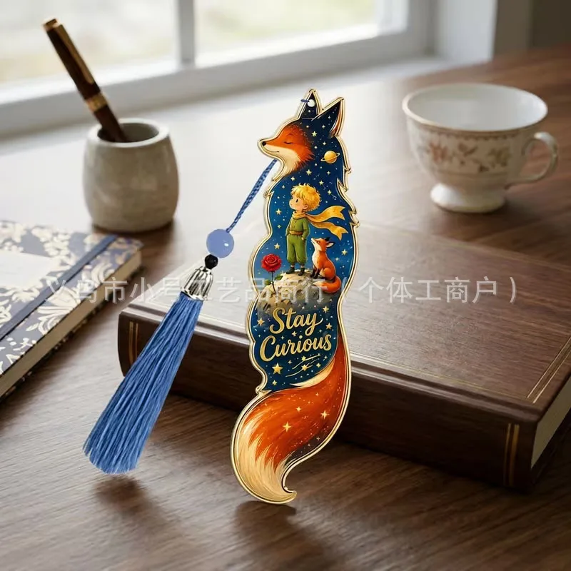 Vintage Little Prince Acrylic Bookmark Starry Moon Fox Rose Print Page Marker with Navy Tassel,Reading Accessory Gift