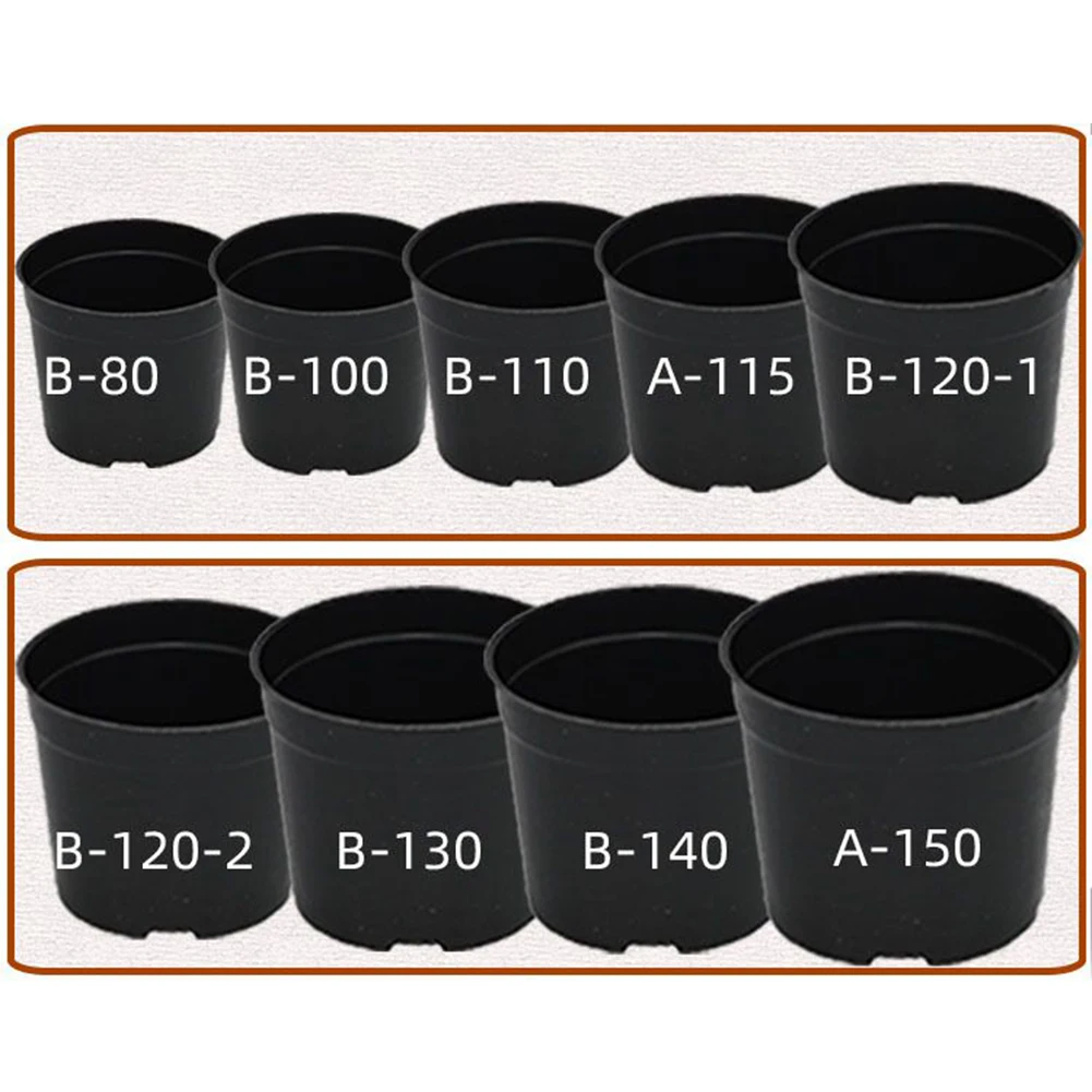 10PCS Black Plastic Flower Pots Pack with 8 Sizes B80# B100# B115# B120# B130# B140# B150# for Potted Plant Growth