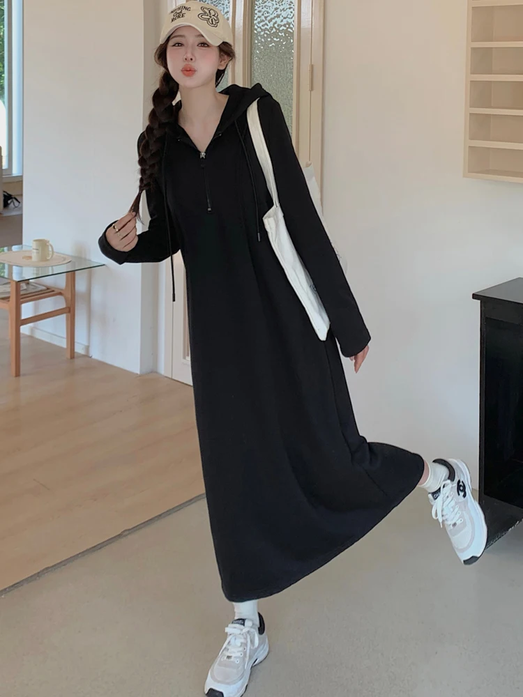 NYFS 2024 Winter New Korea Women Dress Vestidos Robe Elbise Loose Plus Size Velvet Thickened Hooded Zipper Hoodie Dresses