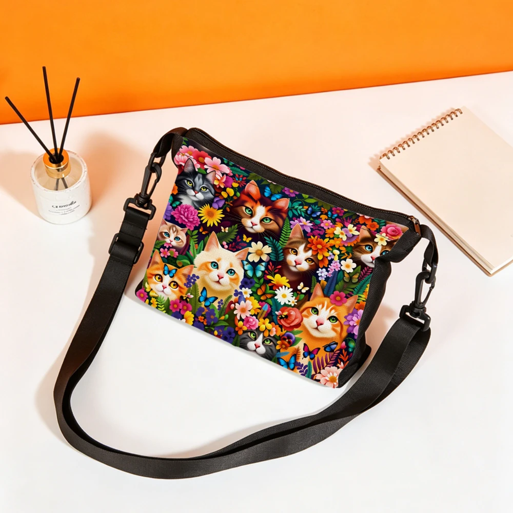 1pc Cat Floral Print Crossbody Bag Black Color With Cute Cats And Flowers Pattern Shoulder Bags For Women Daily Use Handbag