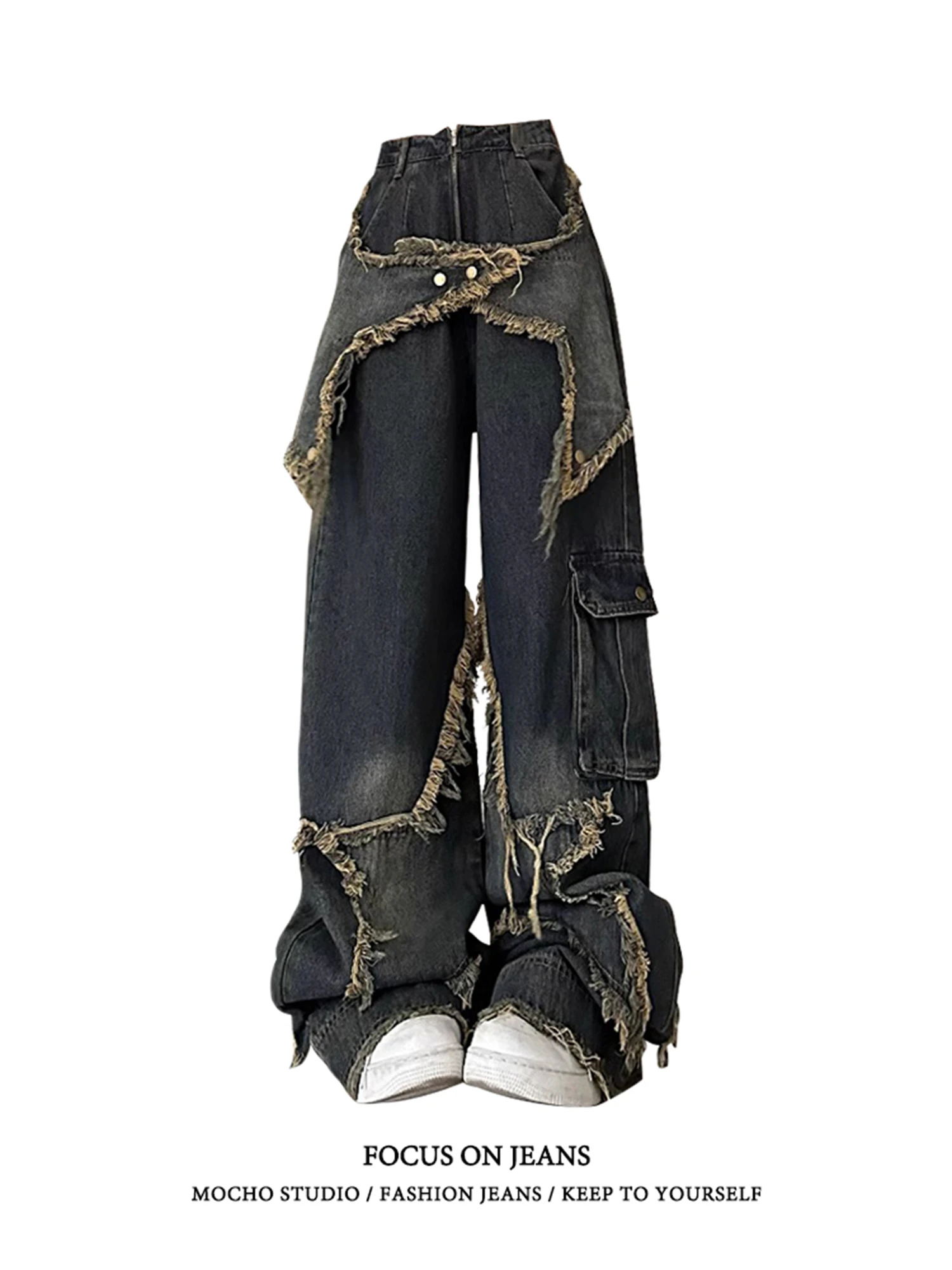

Y2K Women's High Waist Wide Leg Cargo Jeans Vintage Washed Frayed Patchwork Multi - Pocket Streetwear Denim Trousers