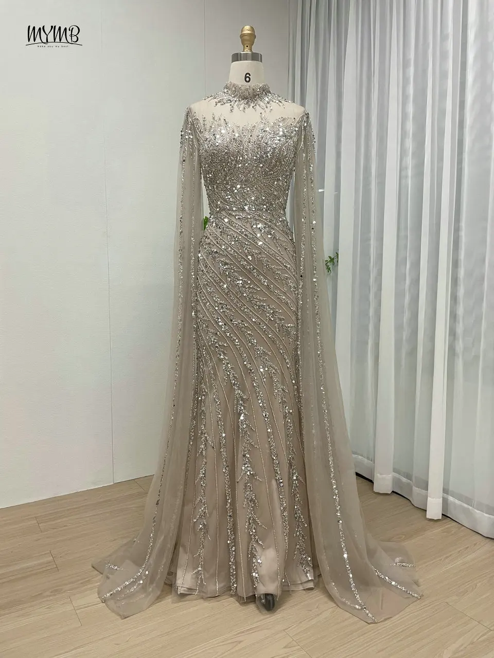 MYMB Champagne Mermaid Beaded Elegant and Pretty Women\'s Dresses 2025 New Muslim Long Sleeves Mother of The Bride Wedding Gowns