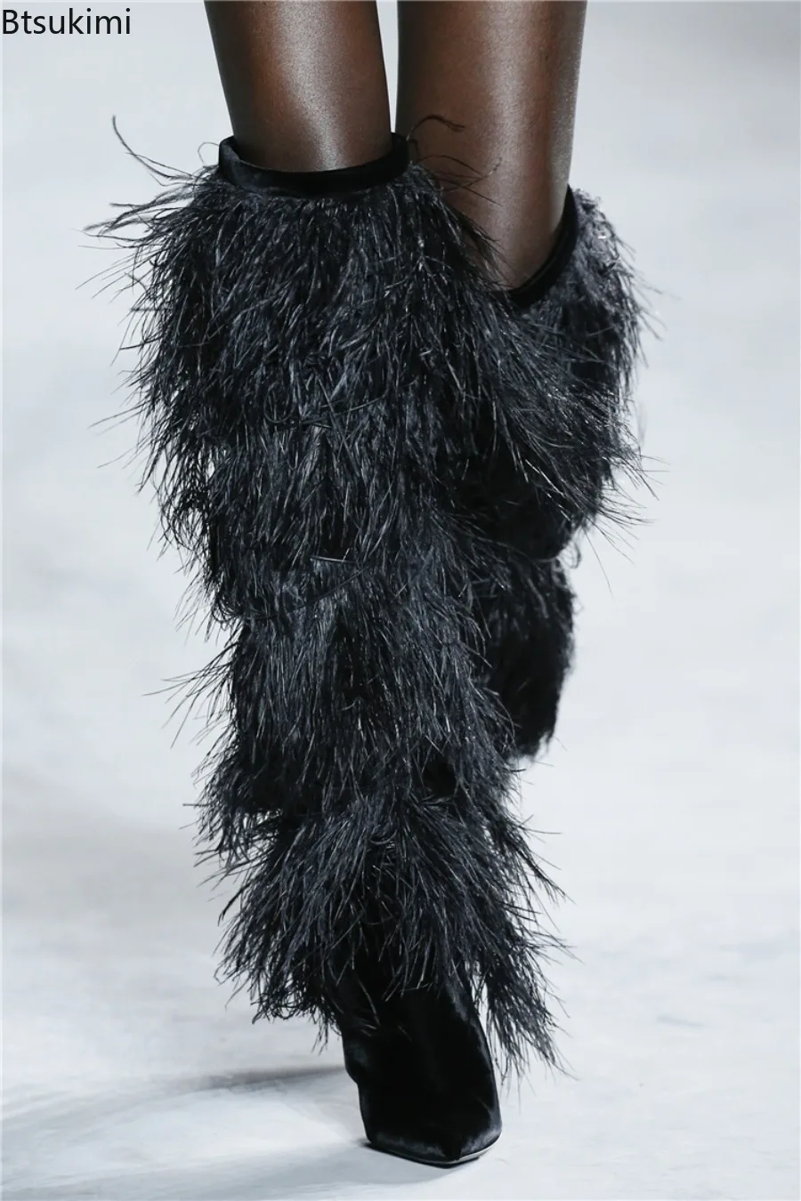 New Ostrich Feather Suede Knee-High Boots Cone-Shaped High Heel Stylish Unique Design Women's Elegant Stiletto Pointed-Toe Boots