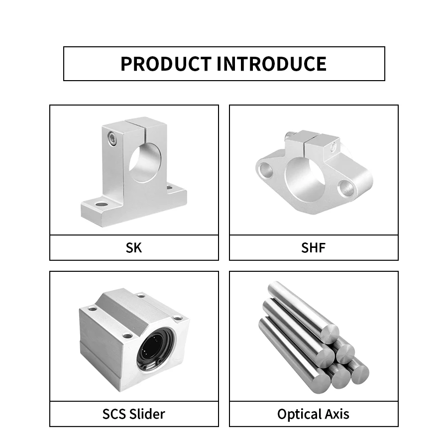 Optical Axis 1PC Diameter 16/20/25/30/35/40/50mm+2PCS SK16/25/35/50 SHF20/30/40 Support Seat+2PCS SCS Linear Bearing Slider