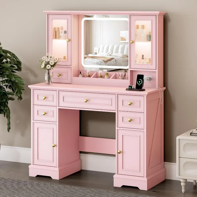 Vanity Desk with Mirror & Lights, Makeup Vanity with Power Outlet & USB Ports, Farmhouse Dressing Table,Drawers&Storage Cabinets