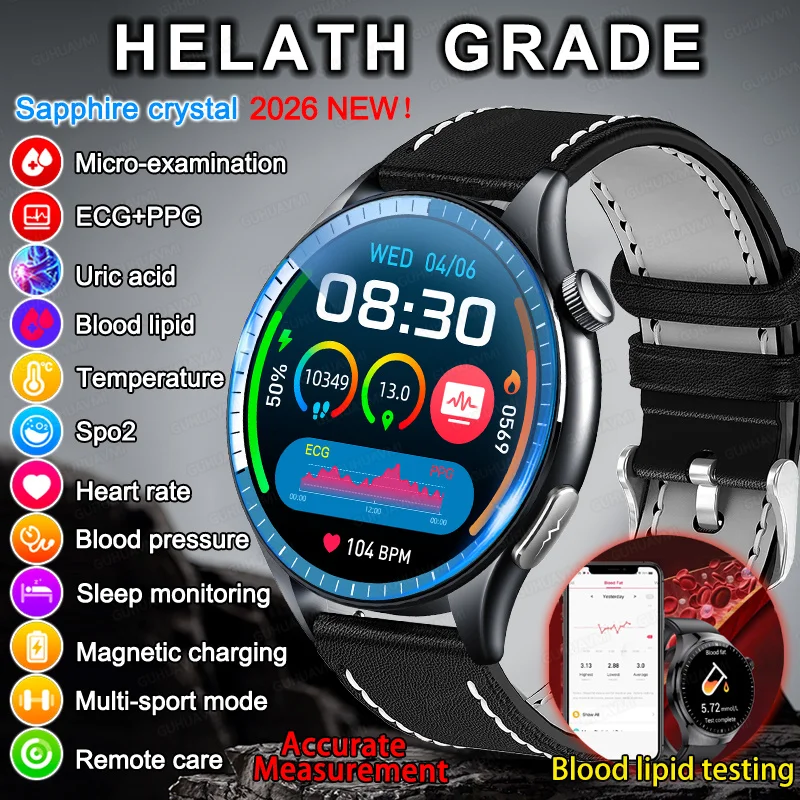 Nuevo Reloj Inteligente 2026 para Hombre con Monitorización de Presión Arterial, Ácido Úrico, ECG+PPG, Rastreador de Actividad Física, Reloj con Llamadas Bluetooth, Smartwatch de Salud