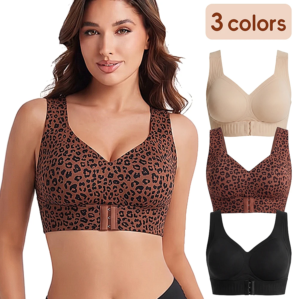 Women Wireless Posture Bra, Front Closure Cross Back Design, Wide Strap Full Coverage Back Support Comfort Daily Underwear