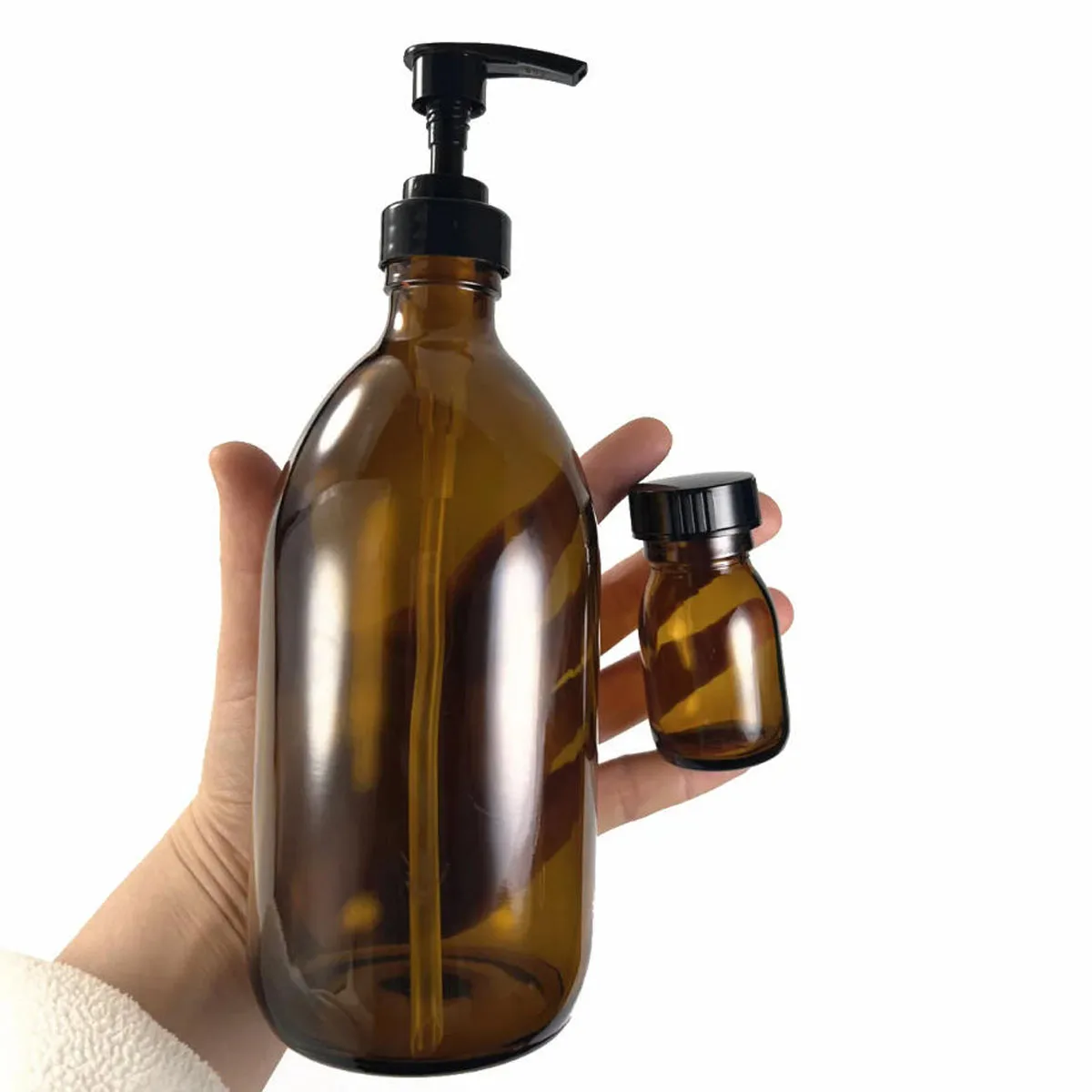 Botella Redonda de Vidrio Ámbar de 30ml–480ml – Bomba Dosificadora para Suero y Loción, Tapa de Rosca y Tapa Cónica Polycone – Ideal para Champú, Jabón Líquido, Gel de Baño