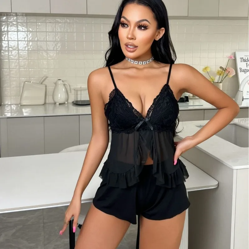 

Сексуальное женское белье Сексуальная женская пижама - Решетчатый кружевной топ с лямкой на шее и разрезом спереди Сексуальное платье Комплект нижнего белья Пижамы для женщин