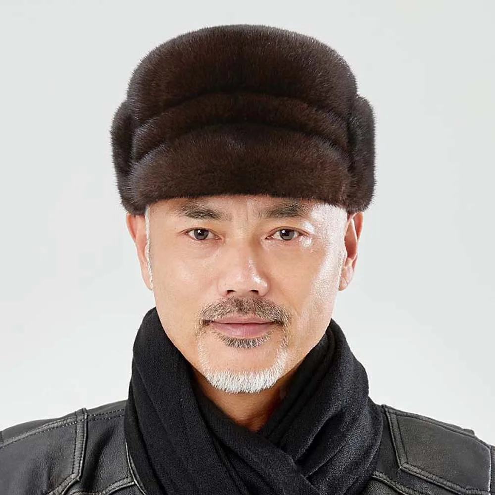 

2025 High Quality 100% Natural Mink Fur Hats For Man Thick Fur Cap Winter Warm Hat Mink Fur Hat With Earmuffs Hat