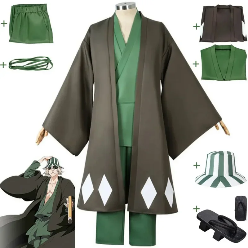 Anime BLEACH Urahara Kisuke Cosplay Costume Halloween Coat Green Lining Pants Carnival Party Outfits Suit Prop Stripe Hat Cl MN9