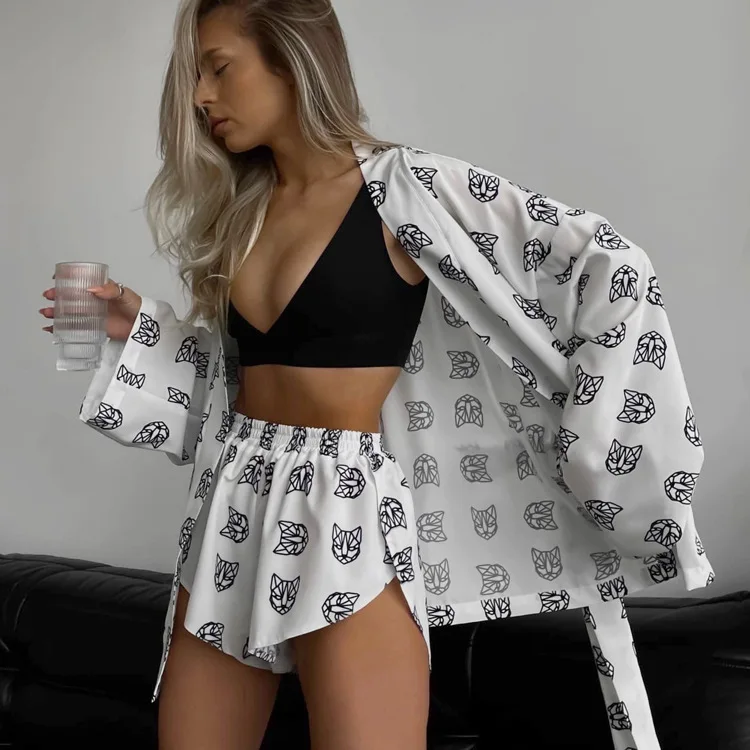 Fashion Loose Print 2 Piece Sets Womens Outfits Casual Long Sleeve Robes With High Waist Shorts Set Homewear for Women