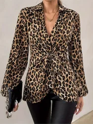 Fashion Women New Leopard Print Lace-up Shirt Top 2025 Spring Casual V-neck Long Sleeved Blouses Tops Office Lady Party Top