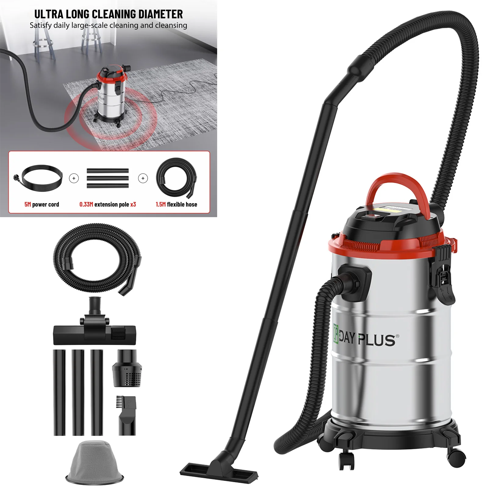 Wet & Dry Vacuum Cleaner 20L 6000W 20kpa 3 In 1 Blower Cleaning Portable Powerful Suction Industrial Vacuum with 4 Caster Wheels