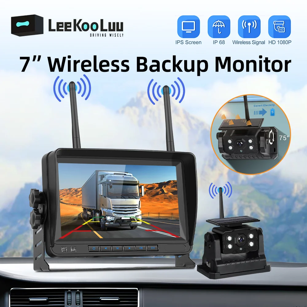 

LeeKooLuu 7 "IPS HD Display Monitor Wireless Solar Reversing Car Rear View Camera Universal With Recording Function 1080P Camera