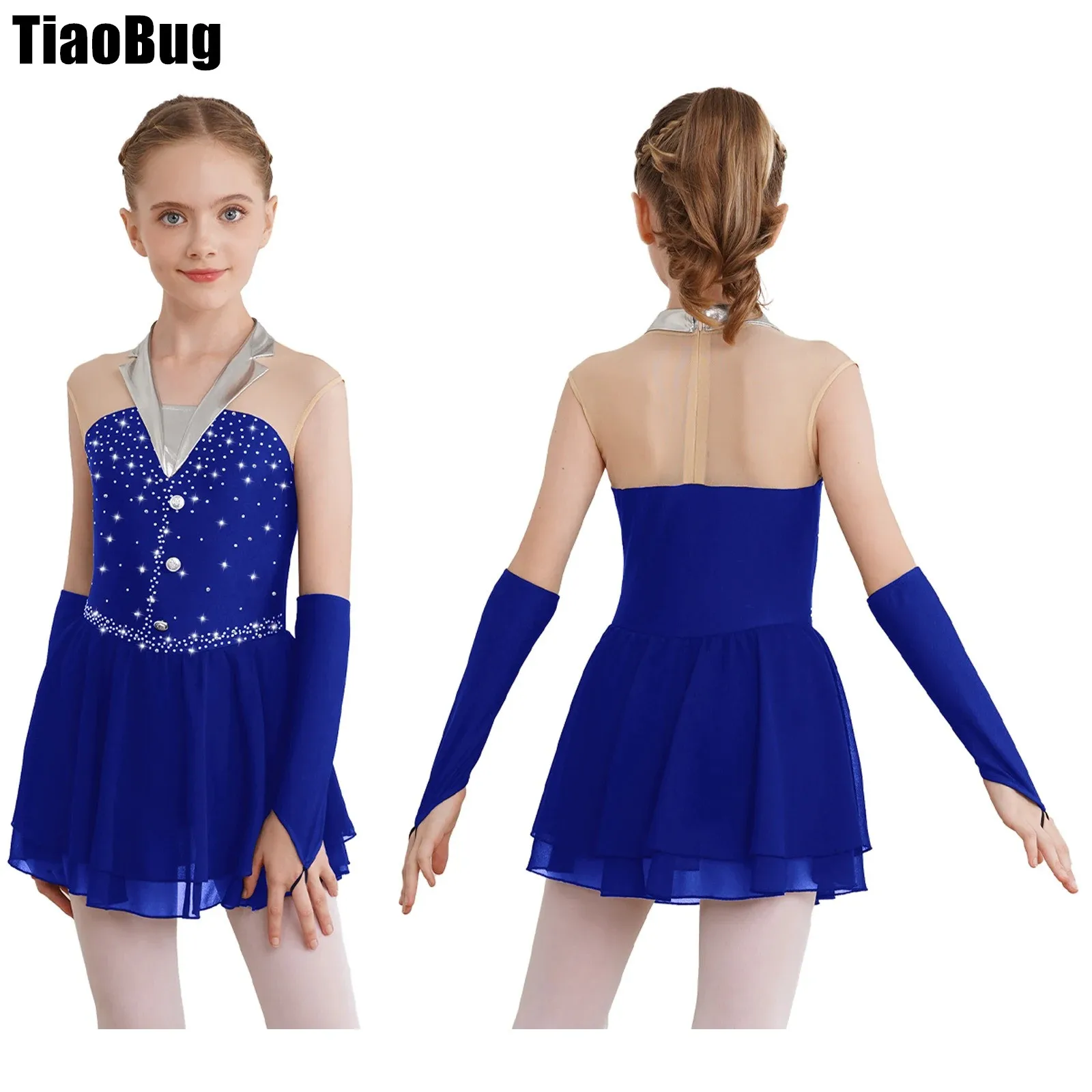 

Kids Girls Sparkling Skating Dance Dress with Fingerless Gloves Sleeveless Patchwork Built-in Briefs One-Piece Dress