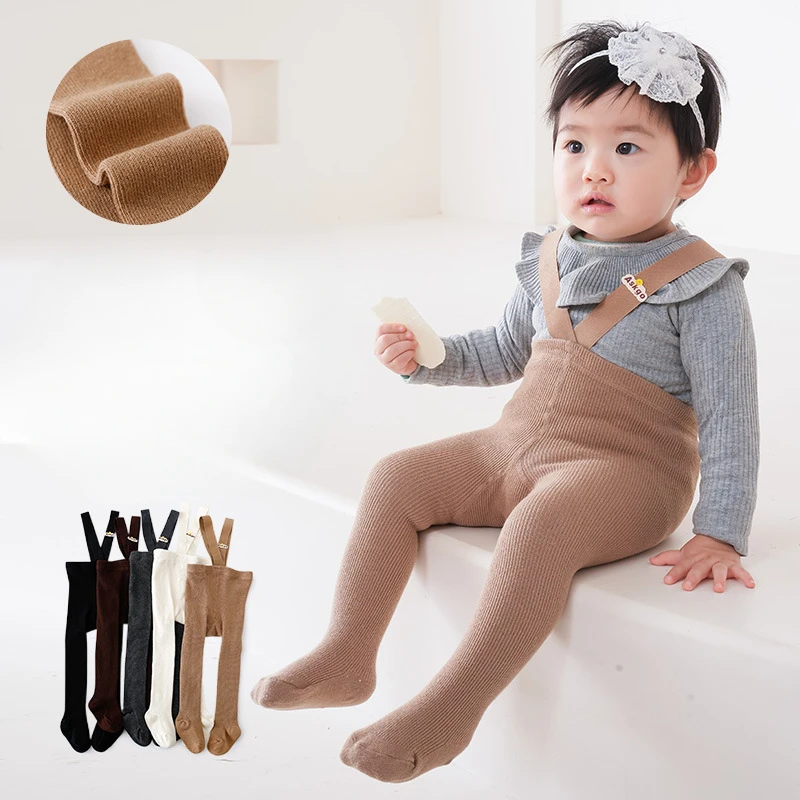 Newborn Baby Boys Girls Pantyhose Solid High Waist Ribbed Knit Tight Infant Spring Autumn Strap Leggings