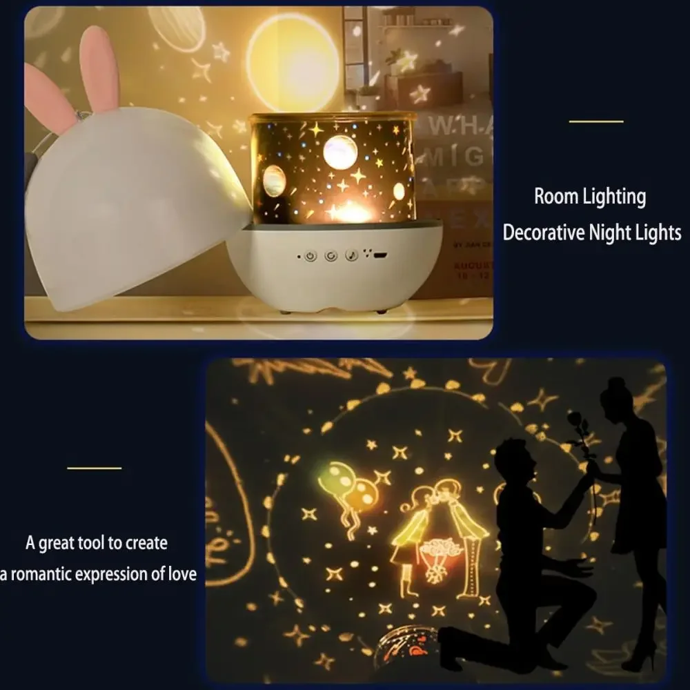 Rabbit Table Lamp Dreamy Spin Starry Sky Projector Light Christmas Lamps for Children's Room Decoration USB Led Night Light Gift