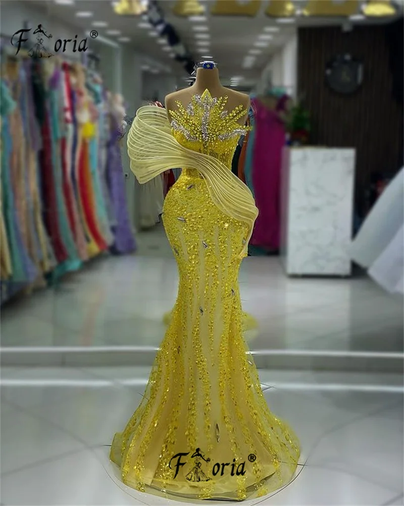 Eleganti abiti da sera Dubai con perline gialle Appliques 3D con paillettes di cristallo sirena Prom Celebrity abito da festa formale Robe de soiree