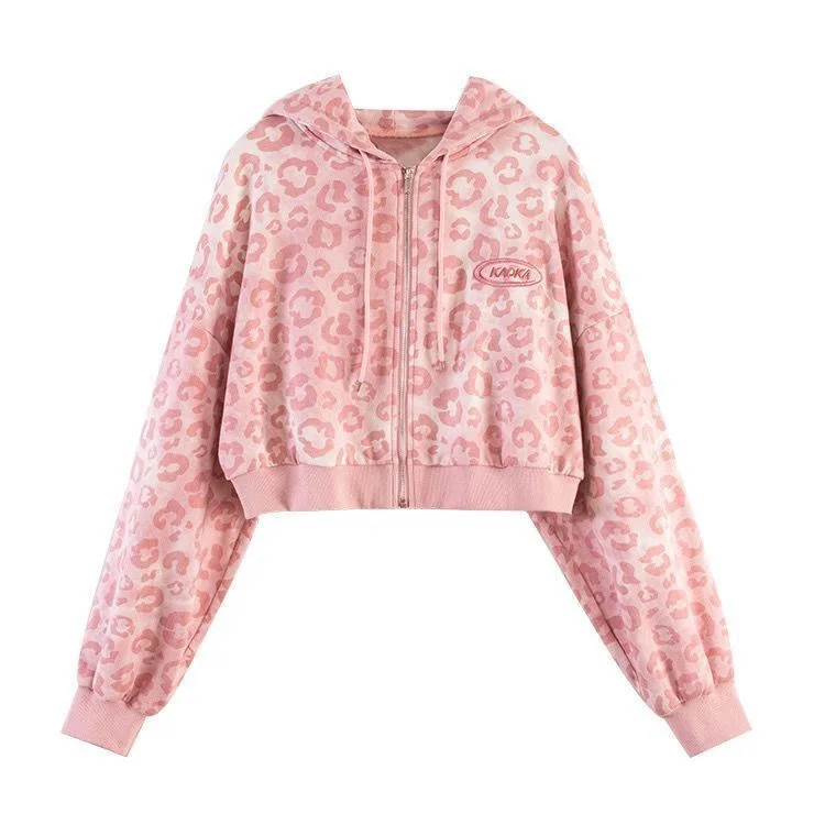 Cooler rosa Leoparden-Print Hoodie Sweatshirt Damen Frühling Herbst Punk Hoodies Oberteile Damen Oberbekleidung Kleidung Reißverschluss Crop Tops Mädchen – Detail 2