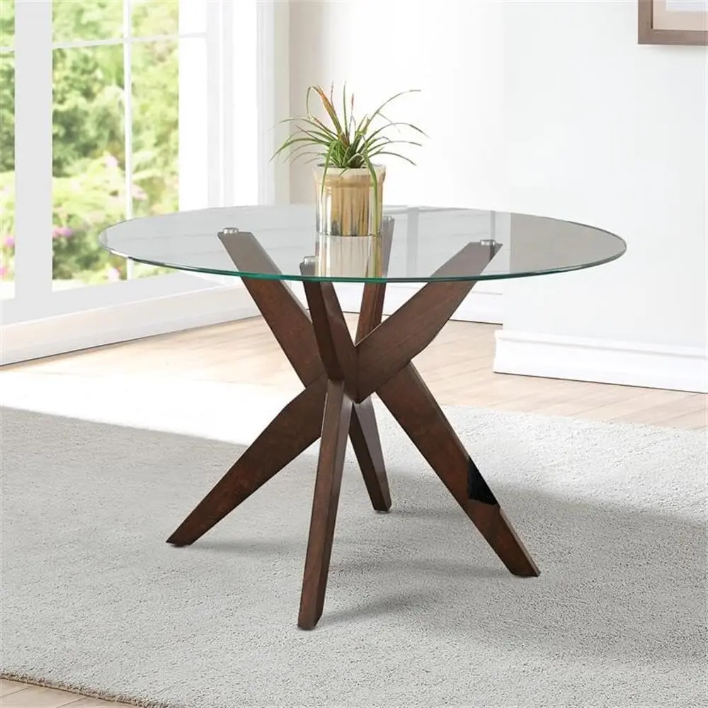 Round Modern Dining Table with Tempered Glass Top & Solid Rubberwood Base Architectural Pedesta, Conversational Feel