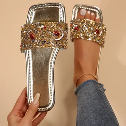 Glitter Bling Summer Women Slippers 2024 New Flat Beach Slippers Women Outdoor Luxury Designer Sandals Plus Size Slides Women