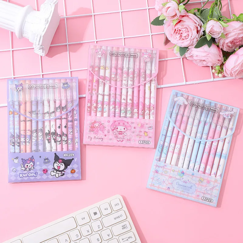 Sanrio Erasable Neutral Pen Set Hello Kitty Mymelody Kuromi Kawaii Cartoon Stationery 12pcs 0.5mm Blue Black Students Gifts