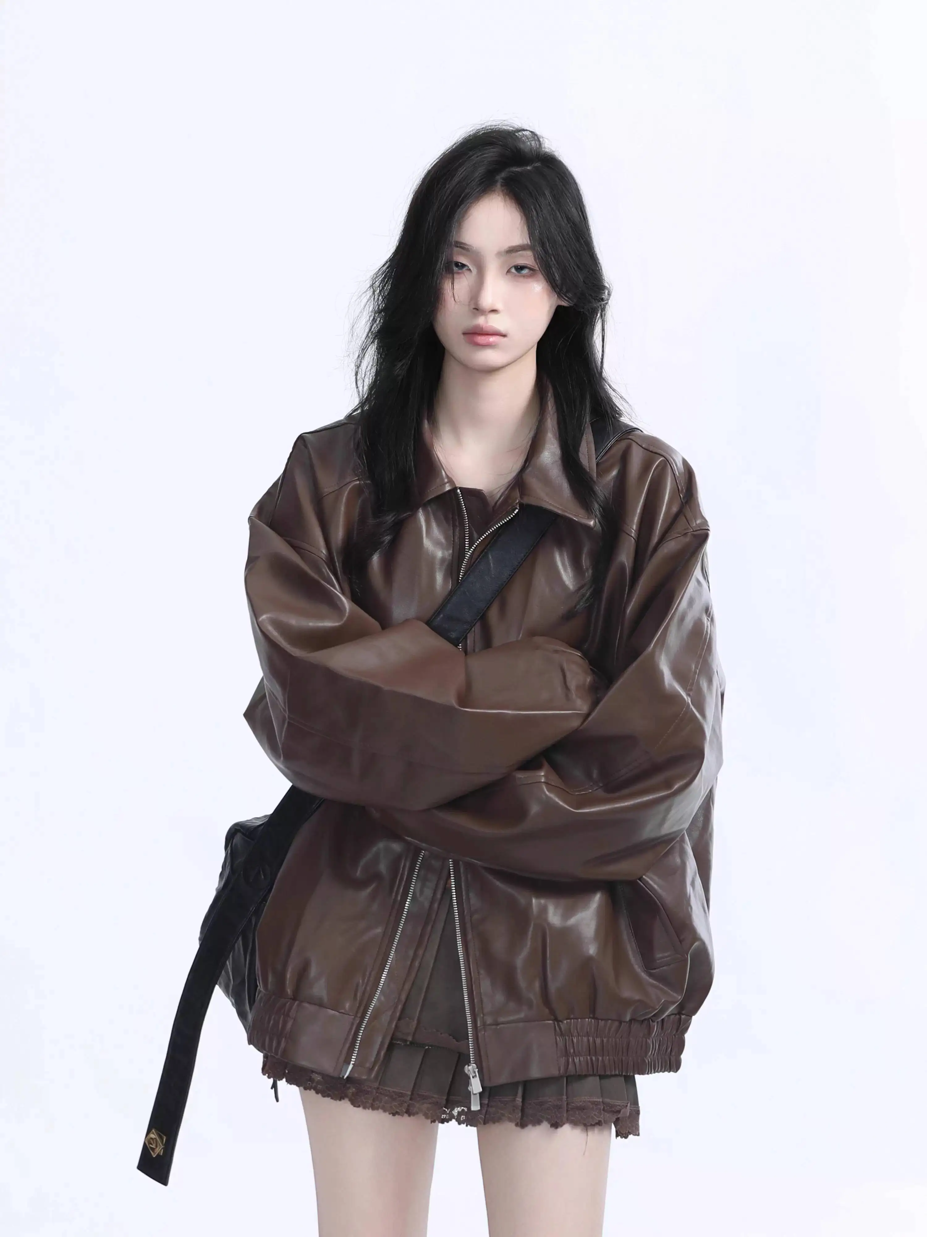 

2026 New Spring Fall American Neutral Maillard Brown Biker Leather Jacket Unisex Vintage Loose Casual PU Leather Coat Trendy
