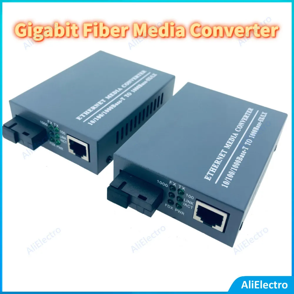 

1pair Fiber Media Converter GE HTB-GS-03AB Gigabit 1000Mbps 10/100/1000Mbps Fiber Optical Single Mode SC Port with Power Supply