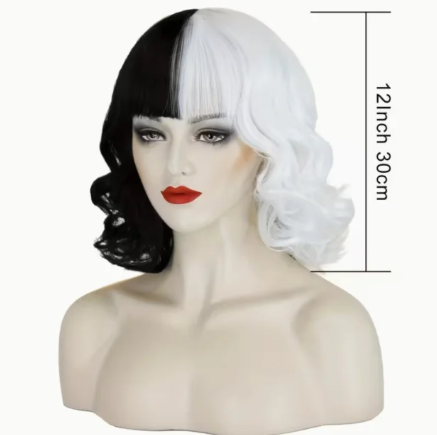 Half Black Half White Split Color Short Curly Synthetic Wig For Women, Halloween Cosplay Wig