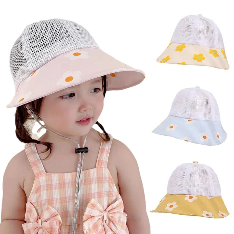 Summer Baby Bucket Hat for Girls Sweet Floral Sun Hats Breathable Mesh Cap Outdoor Travel Foldable Caps Babies Accessories 1-3Y