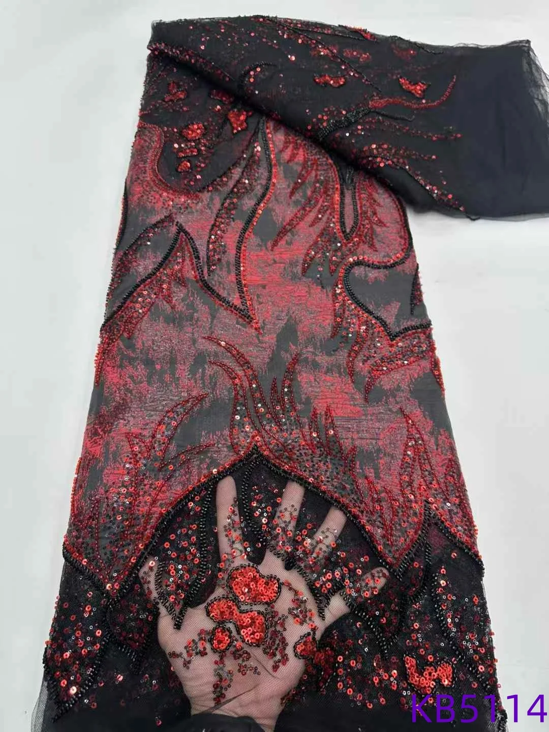 2025 Luxury Sequin French Mesh Lace Fabric African Nigerian Velvet Beaded Lace Fabric For Wedding Dress Sewing Material KB5115