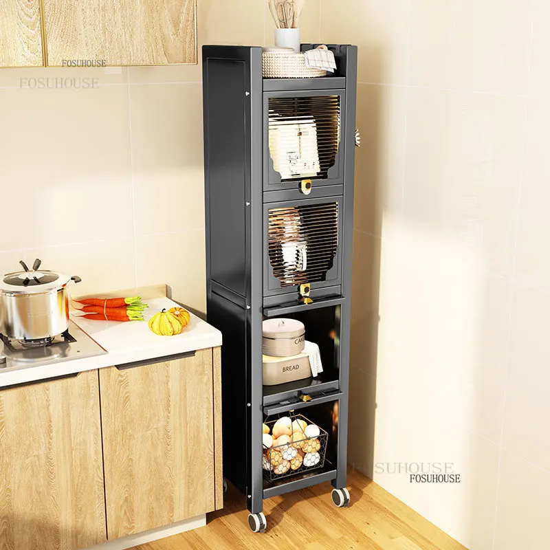 Moderne Küchenschränke aus Kohlenstoffstahl, Küchenmöbel, Bodenregale mit schmalem Schlitz, mehrschichtige Geschirr-Aufbewahrungsschränke mit Türen