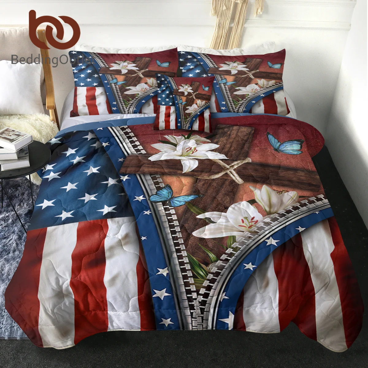 

BeddingOutlet Lilies American Flag Comforter Set Butterfly Flower Banner Quilt With Pilow Shams Cushion Cover For Bedroom Decor