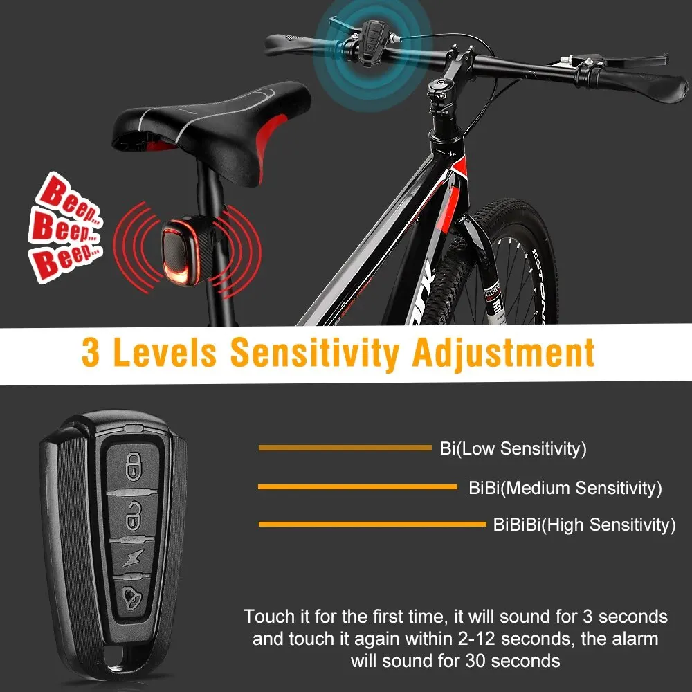 Fanale posteriore per bici IPX5 telecomando per allarme bici impermeabile carica USB allarme vibrazione per bicicletta sensore freno lampada