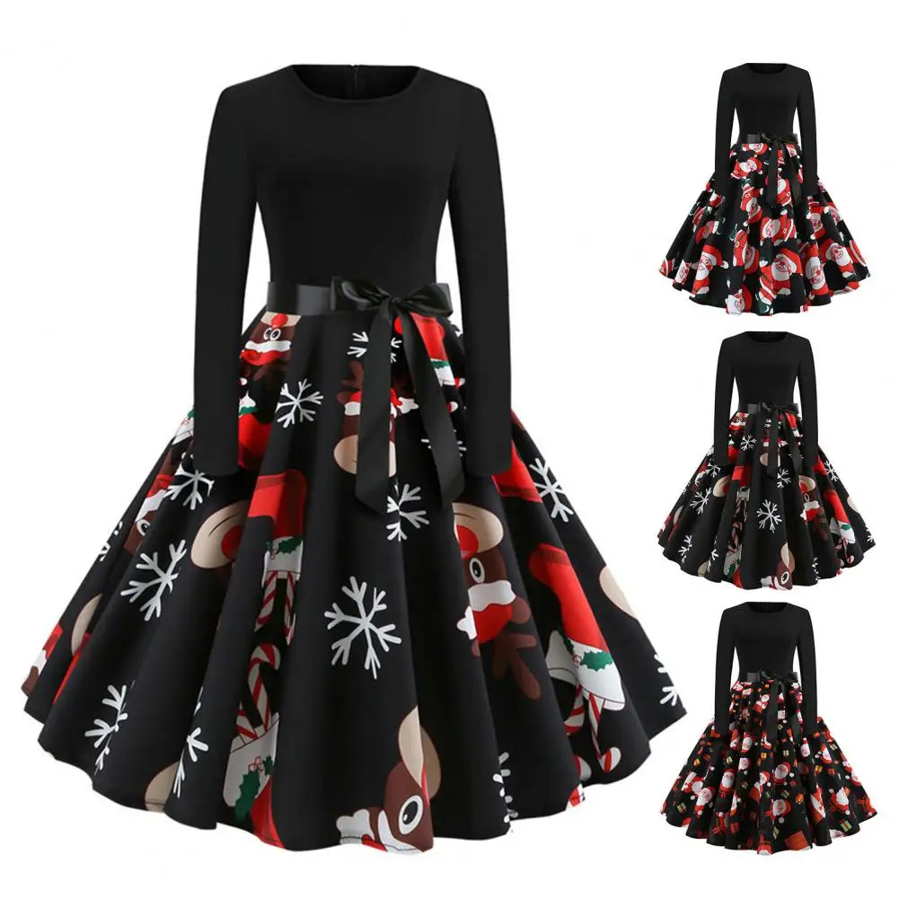 Women Chirstmas Dress Long Sleeve Mid Waist Cartoon Santa Claus Print Holiday Party Dress Lady New Year Midi Evening Dresses