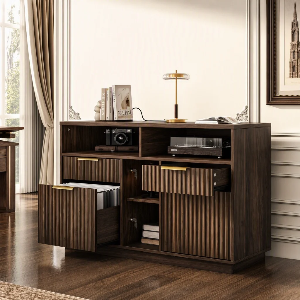 4 Drawer File Cabinet, Fluted Wood Lateral Filing Cabinet with Lock and Charging Station for Home Office, Printer Stand with Open Storage Shelves, Fits A4, Letter Size