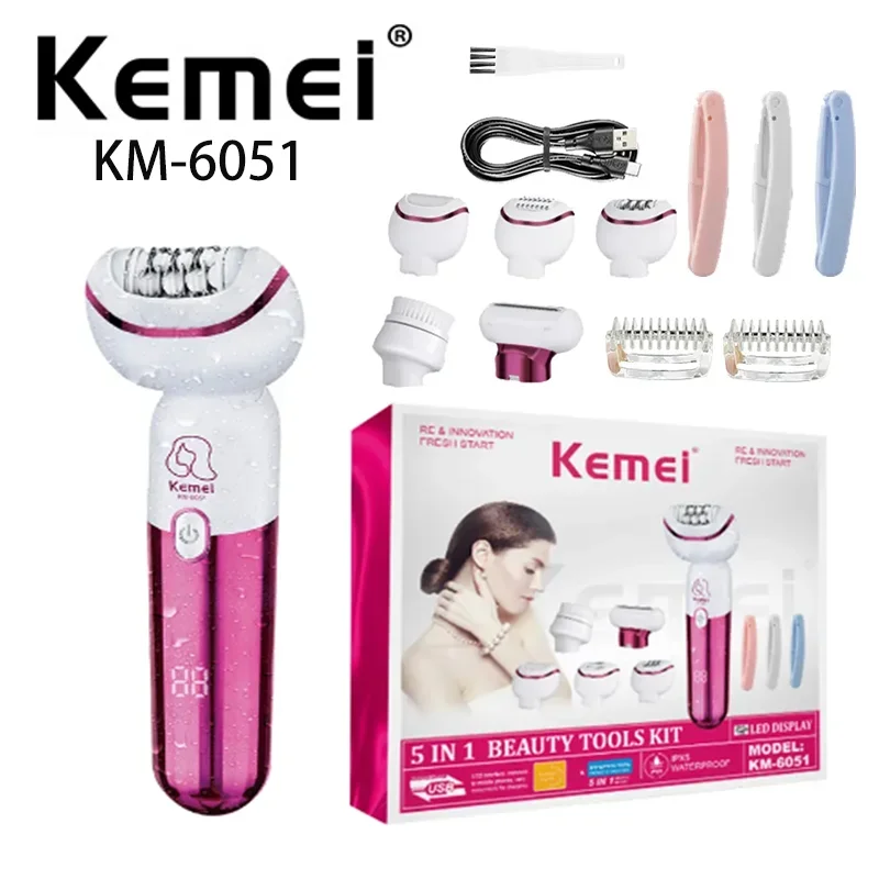 

kemei 5 In 1 USB Rechargeable Hair Remover km-6051 Women Shaver Waterproof Electric Epilator