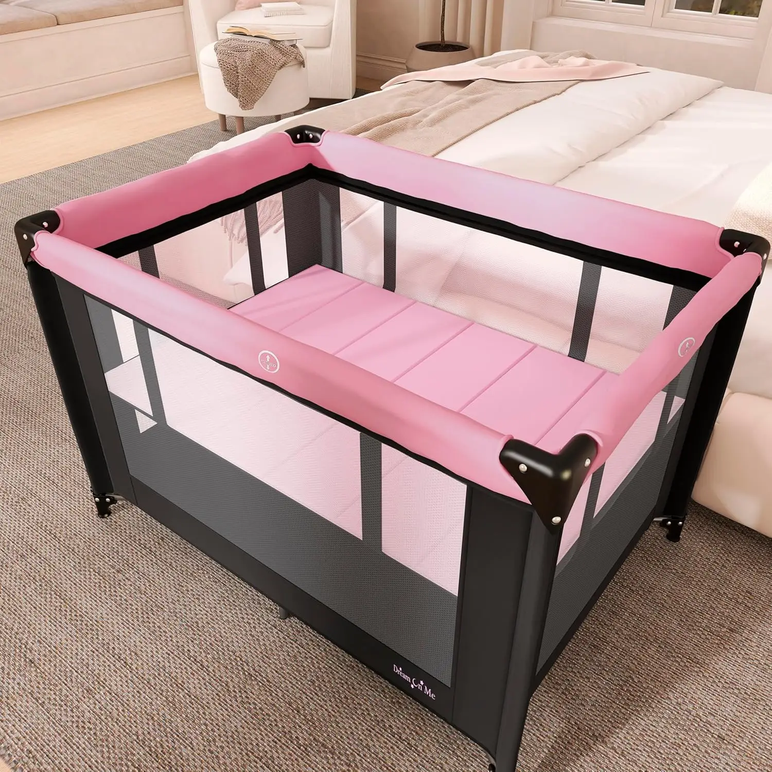 Gioco portatile con culla - 360 °   Rete, piega rapida, borsa da viaggio e materasso inclusi - Rosa