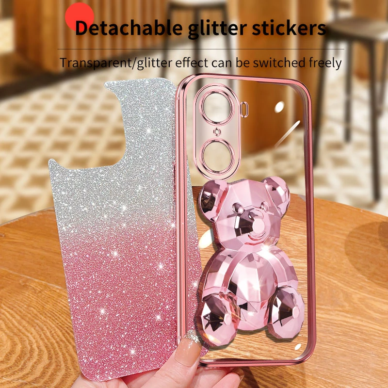 Honor50 60 Luxury Glitter Plating Bear Holder Case For Huawei Honor 60 20 50 30 90 Pro 30 20 Lite 30s Stand Cover Nova 10 11 Pro