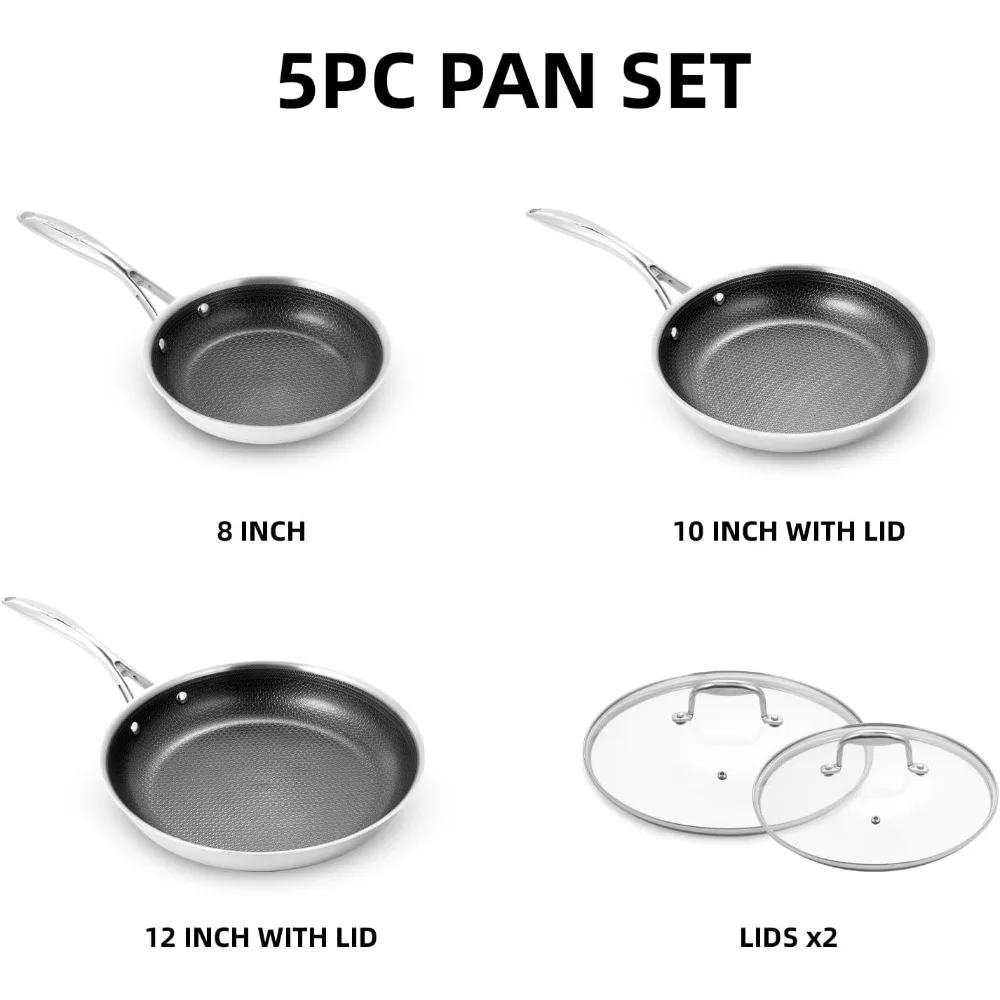 

Набор сковородок из гибридной керамики с антипригарным покрытием, 5 предметов, сковороды для жарки 8,10,12 дюймов с крышками из закаленного стекла, ручки Stay-cool, saf для посудомоечной машины