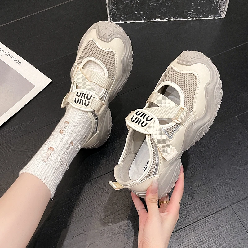 2024 Summer New Mary Jane Retro Ugly Women\'s Shoes Mesh Cloth Tire Thick Bottom Hollow Sports Sandals Anti-slip Wear Sneakers