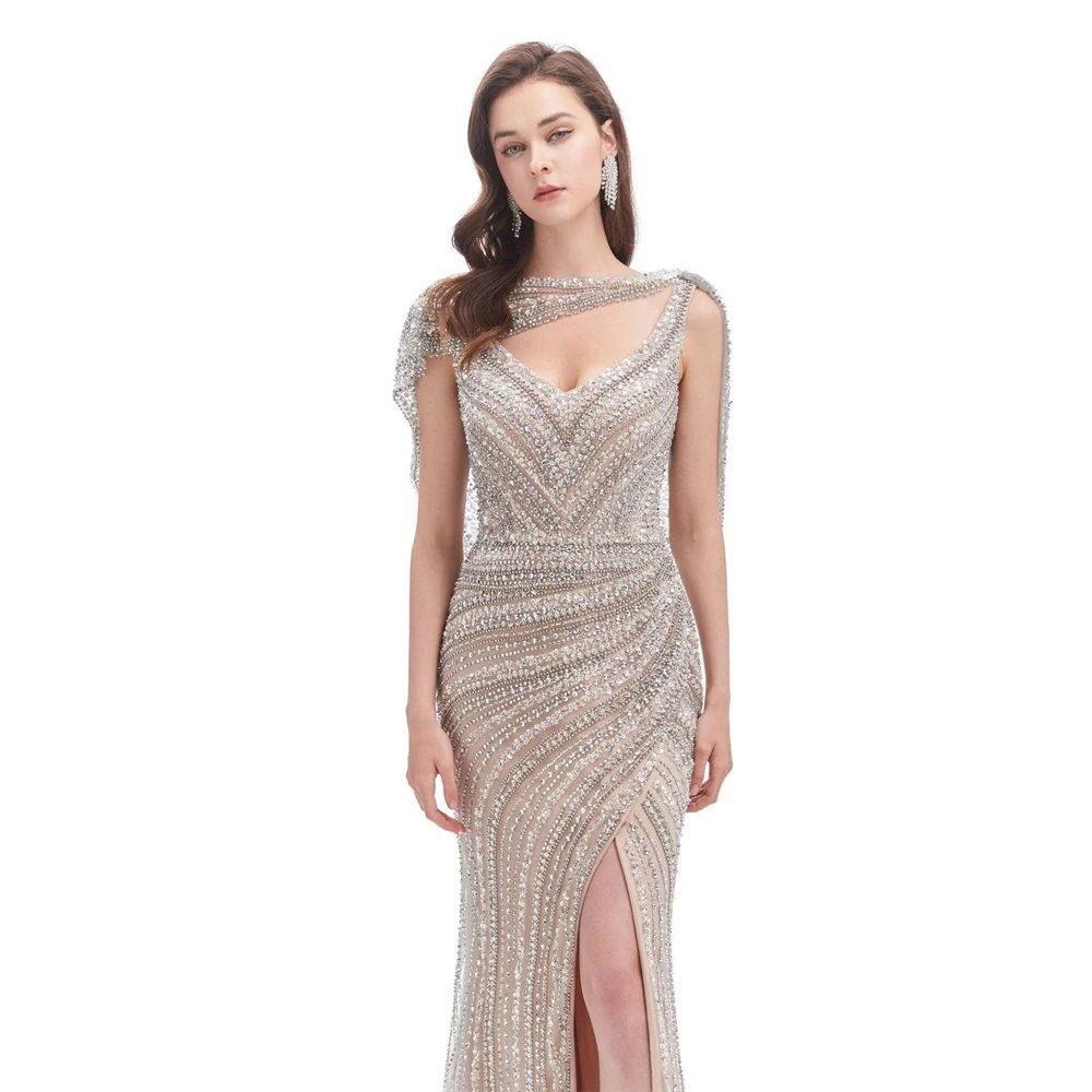 Luxury Silver Mermaid Dubai Evening Dresses With Cape Heavy Beaded High Split Prom Gown For Women Wedding Party Formal Occasion