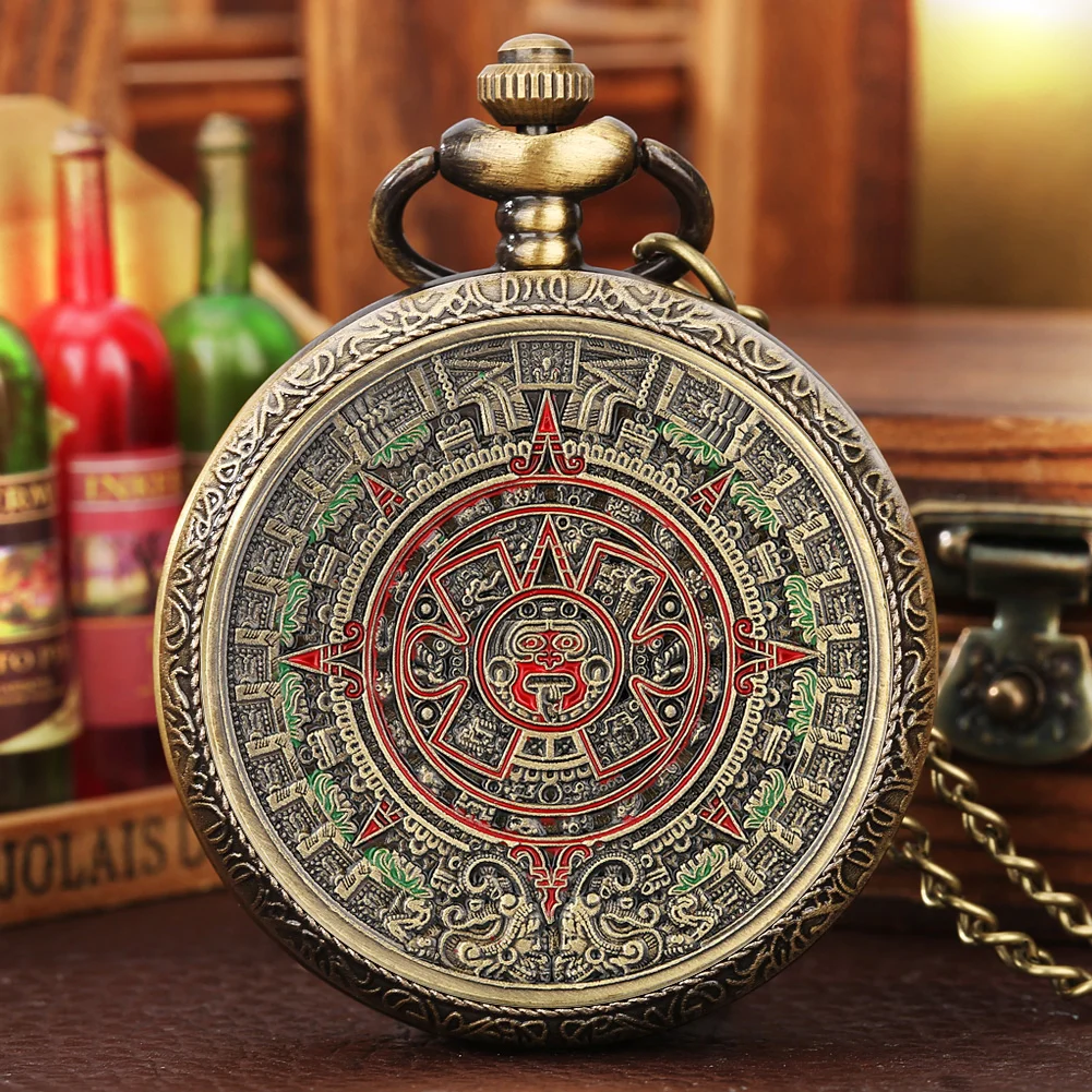 Brązowy meksykański kalendarz aztecki Maya Prophecy Culture Pozłacany kwarcowy zegarek kieszonkowy z monetą z naszyjnikiem 80 cm / łańcuszkiem w talii 38 cm