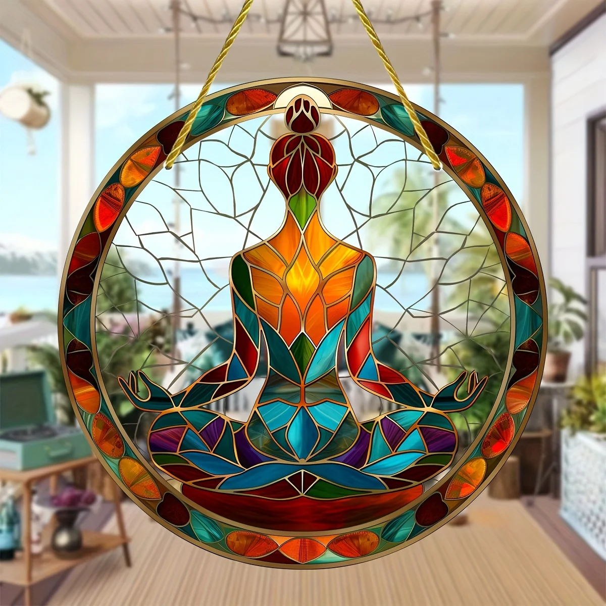 

Yoga Symbol Stained Glass Suncatcher,Round Acrylic Hanging Decor,Garden,Porch,Window Decoration,Ideal Birthday Gift for Friends