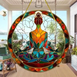Yoga Symbol Stained Glass Suncatcher,Round Acrylic Hanging Decor,Garden,Porch,Window Decoration,Ideal Birthday Gift for Friends