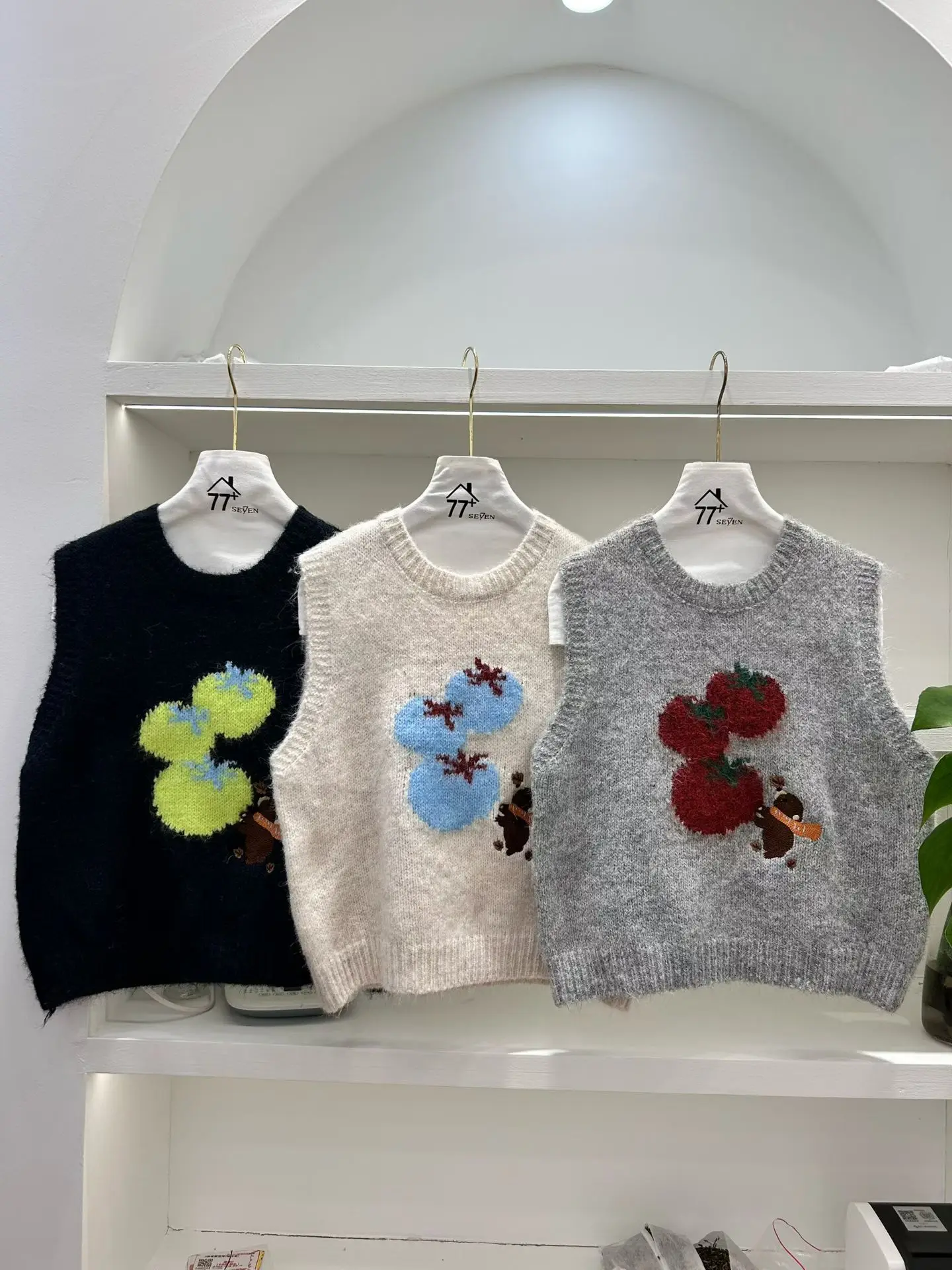 Artistic Style Knitted Short Vest Women's round Neck Embroidered Flower Tomato Koala Warmth Inner Wear Original Label