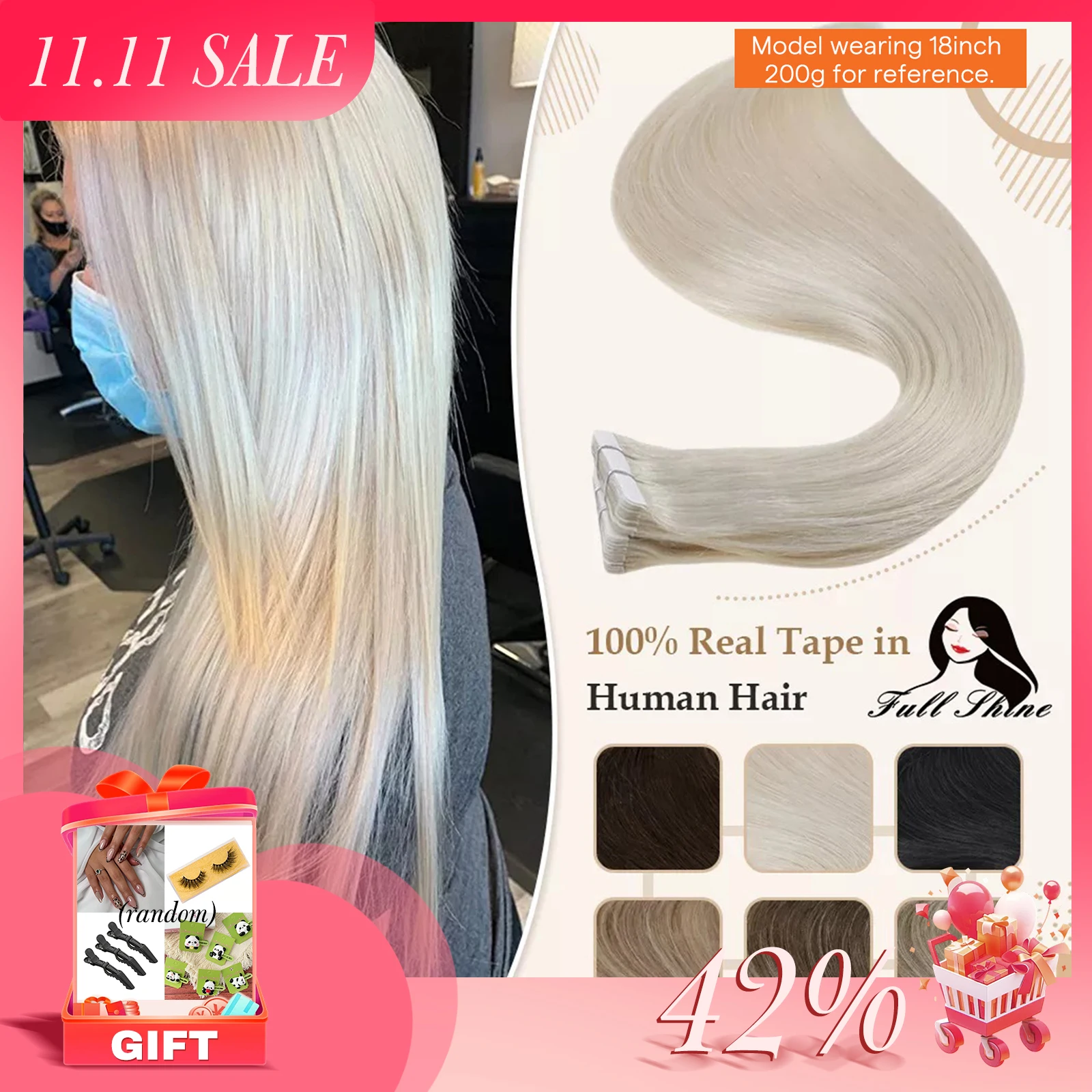 Полная блестящая лента из 100% человеческих волос Remy