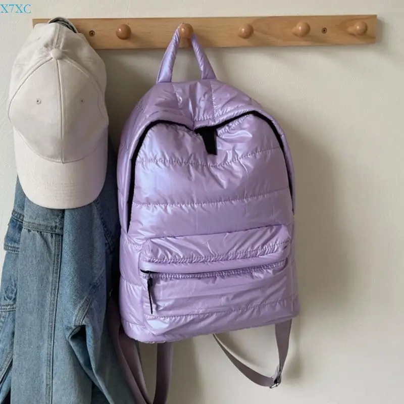 X7XC Trendy Women's Metallic Puffer Backpack Lightweight Zippered Quilted School Bag