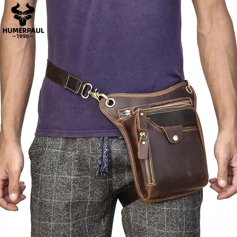 HUMERPAUL Durable Motorcycle Drop Waist Leg Bag Phone Purse for Men Genuine Leather Shoulder Messenger Bag Fanny Pack Travel